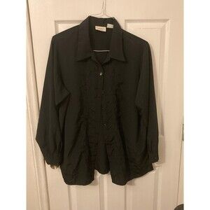 Jaclyn Smith Black Blouse Women's Plus Size 18W Button Up Embroidered Detail